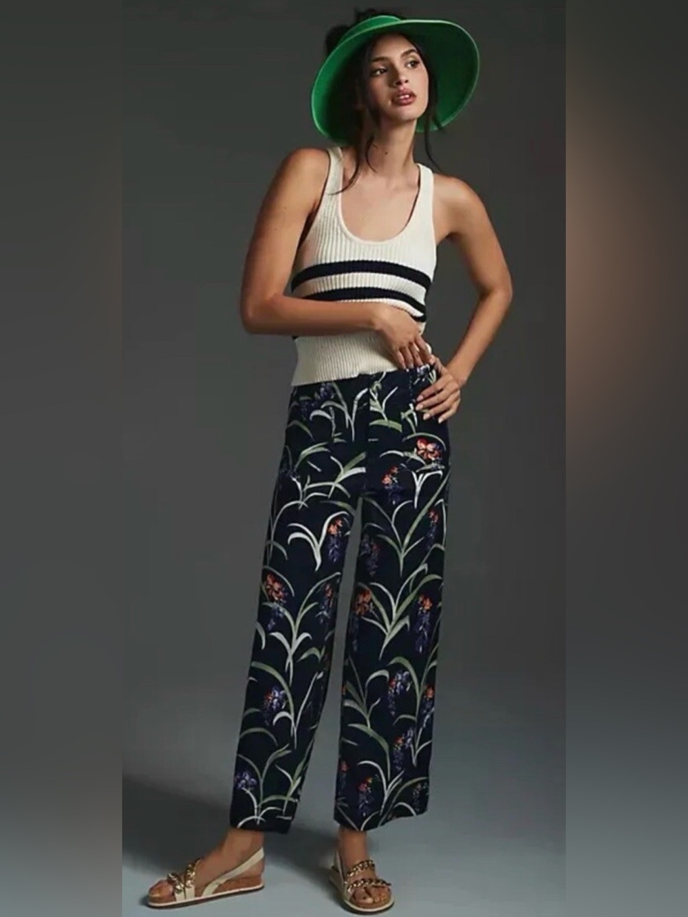 Anthropologie Maeve The Colette Cropped Wide-Leg Pants Dark Blue Floral Size 31